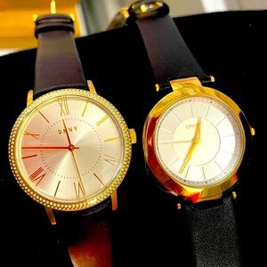 DKNY 2PC WATCHES GOLD🏆SMOOTH / STONED 💎 BEZELS GENUINE BLACK 🖤LEATHER STRAPS